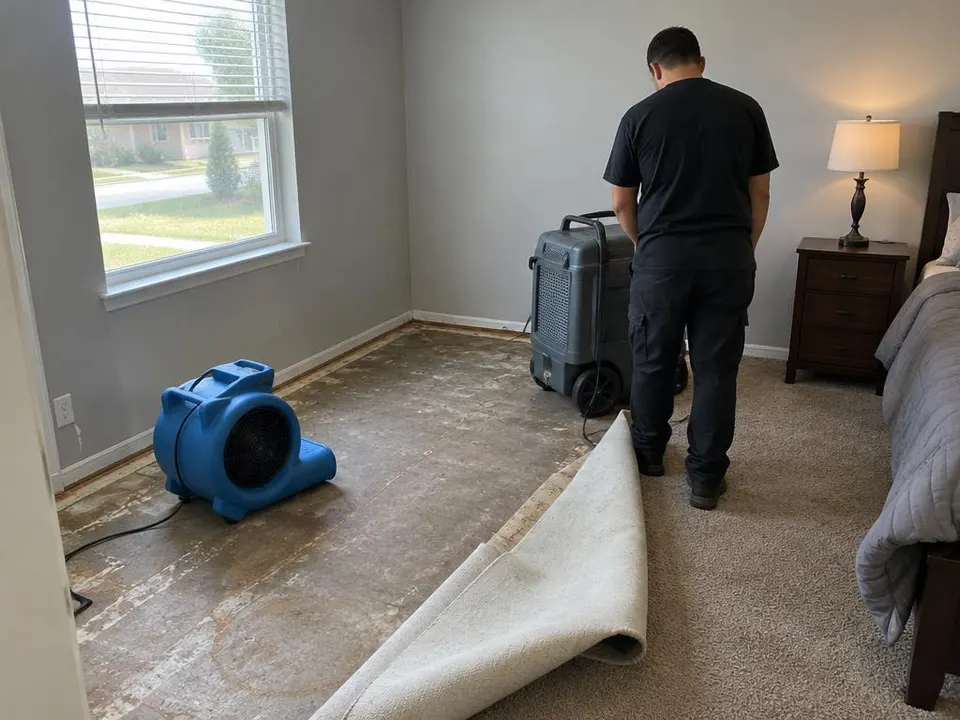 Generated illustration of a bedroom with carpet pulled back and an air mover drying the subfloor