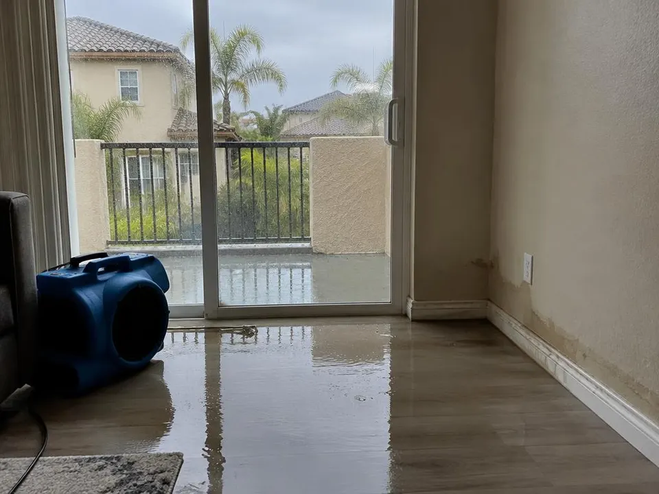 Generated illustration of rainwater on the floor inside a balcony sliding door with an air mover nearby