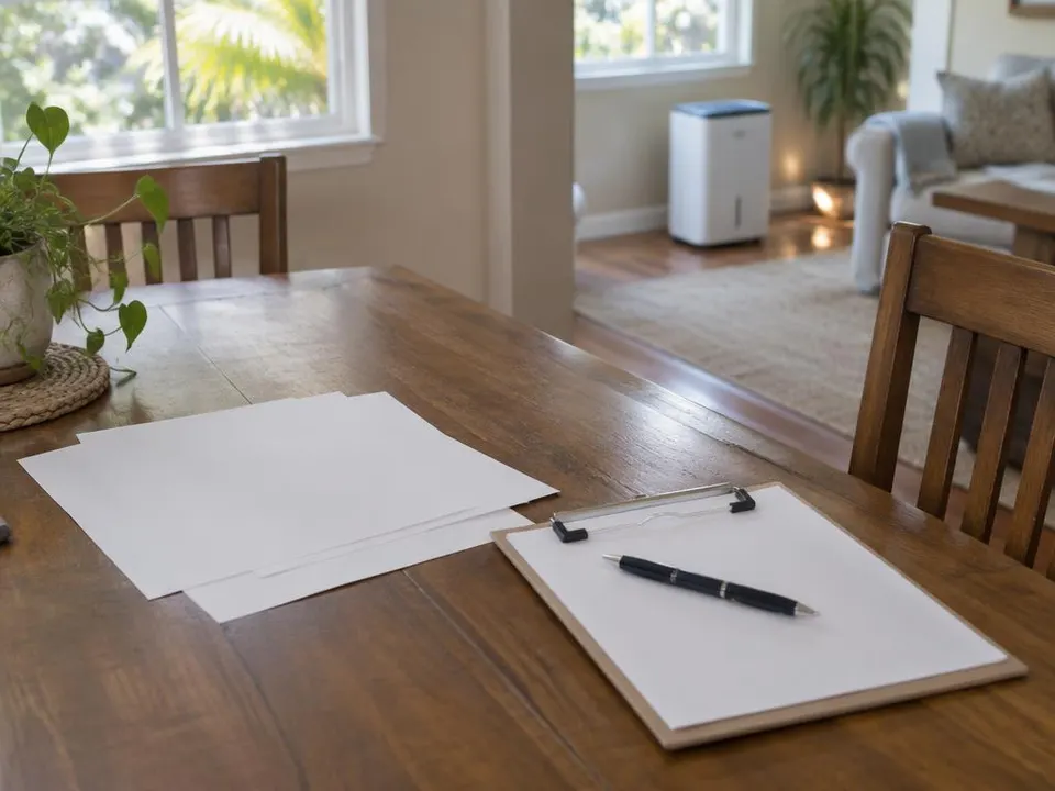 Generated illustration of blank papers and a clipboard on a dining table with a dehumidifier in the background
