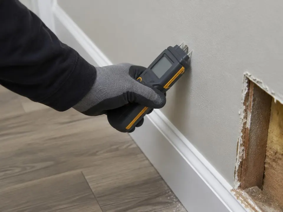 Generated illustration of a gloved hand pressing a moisture meter against a wall near opened drywall
