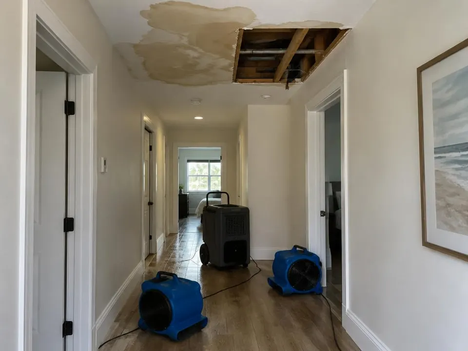 Generated illustration of a hallway with a ceiling water stain, opened drywall and drying equipment
