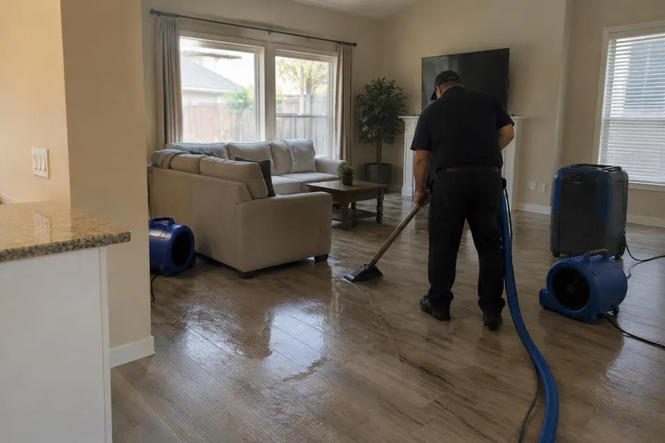 Generated illustration of a technician in dark work clothes extracting water from a wet floor in a single-story home