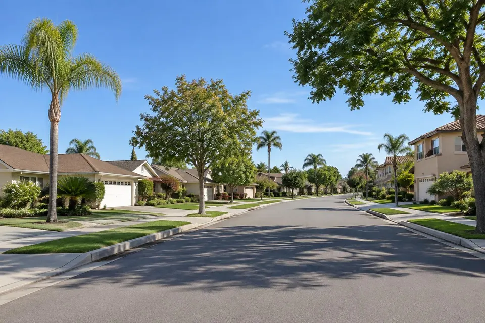 Generated illustration of a residential street with single-story and two-story stucco homes and small front lawns